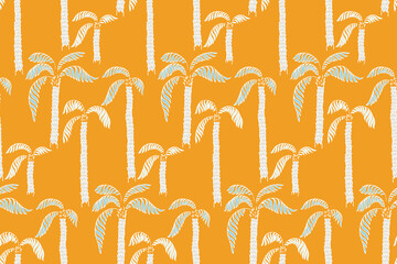 Seamless tropical vector pattern featuring hand drawn palm trees with textured trunks and curved leaves on a bright yellow background. Ideal for summer themed designs, textiles, wallpapers, packaging