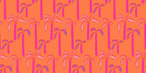 Seamless vector pattern featuring vibrant pink palm trees with contrasting blue leaves on a warm orange background. Eye catching, tropical, and bold design suitable for fashion, textiles
