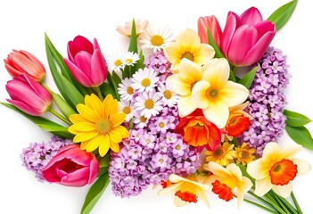 Obraz premium Vibrant summer bouquet set featuring tulips, daisies, lilacs, and daffodils Isolated on white background, happy, colorful