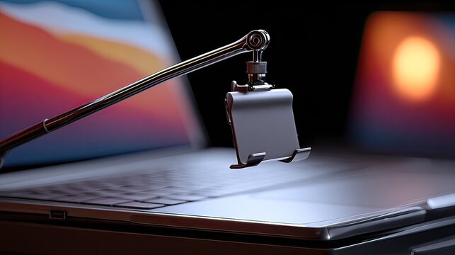 Laptop webcam arm mount, night studio setup, streaming