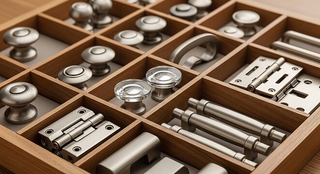 Assortment of cabinet and furniture hardware, arranged neatly in a wooden organizer