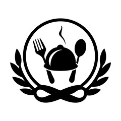 Elegant Restaurant Logo Design Featuring Cloche, Fork, Spoon, and Laurel Wreath icon vector