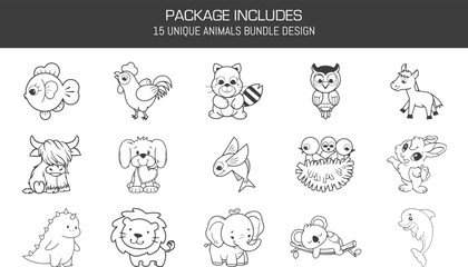 Adorable Animal Line Art Collection - Set 3 (or Cute Cartoon Animals Volume 3)