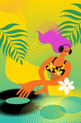 DJ Girl Illustration. DJ Flyer – Colorful Poster Design for Music Events. Vibrant Music Event Flyer. Neon Jungle Party. Tropical Vibes
