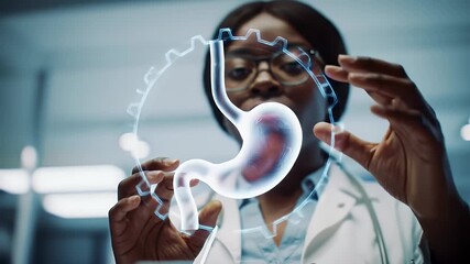 African American Doctor Holds Stomach Illustration With Light Blue Futuristic Tech Gears Overlayed In Brightly Lit Medical Research Facility - Powered by Adobe