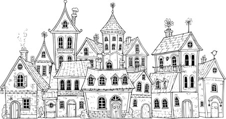 Obraz premium a whimsical cityscape in sketch style, featuring various stacked houses, black-and-white