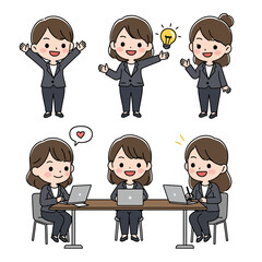 Six cartoon businesswomen in suits three standing three seated at a table with laptops