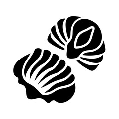 Symmetrical vector illustration of two scallop shells with ribbed fan patterns icon vector