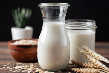 Dairy free lactose free Oat Milk in bottle, closeup view