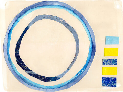 Abstract acrylic collage with blue circles and yellow squares on background