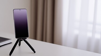 Smartphone on tripod, desk, minimalist room, video call