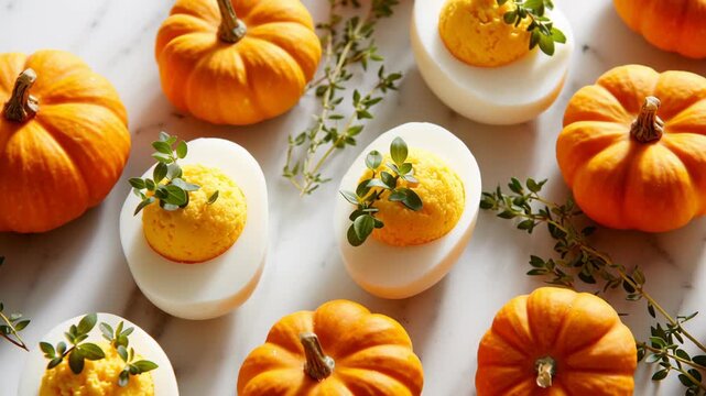 Fall appetizers deviled eggs with mini pumpkins and fresh thyme