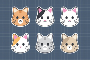 Cute Cartoon Cat Face Sticker Set. Kawaii Style Animal Icons for Kids and Decoration