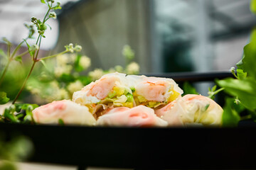 Colorful spring rolls filled with vegetables and shrimp are arranged on a dark, round tray. Lush...