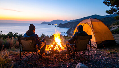 Two Campers Relaxing by a Flickering Campfire at Dusk