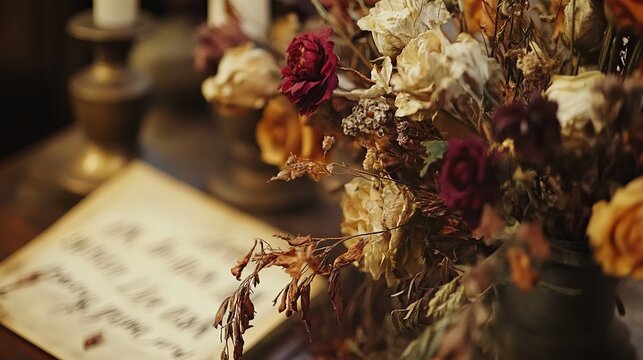 Table centerpiece with dried flowers and handwritten menu .