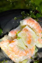 Colorful spring rolls filled with vegetables and shrimp are arranged on a dark, round tray. Lush green plants and delicate flowers surround the dish, creating a lively atmosphere.