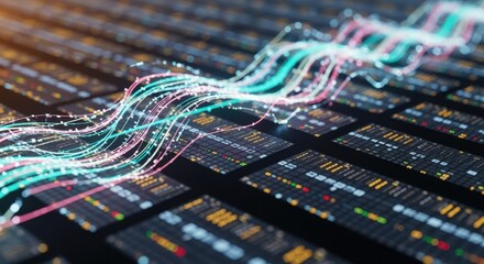 Abstract technology background showing vibrant network pathways overlaid on a digital server grid.