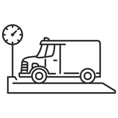Weigh station with truck.Weighing the car.Van on weighbridge.Truck weight line icon.Vehicle weighing.Outline vector. Isolated on white background.