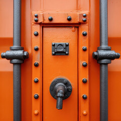 Obraz premium Orange industrial door with black metal pipes and bolts, showcasing rugged and sturdy design