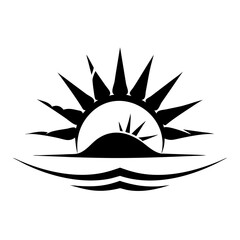 Monochrome vector graphic of a sunrise or sunset over water and land icon vector