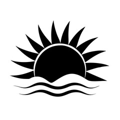 Stylized black sun rising over sea waves isolated on icon vector