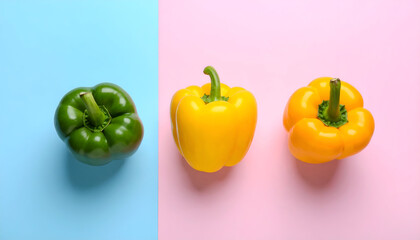 Three Bell Peppers in a Row- Vibrant Colors on a Two-Toned Background