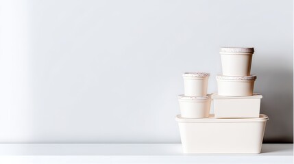 Beige food containers stacked, studio, white background, meal prep