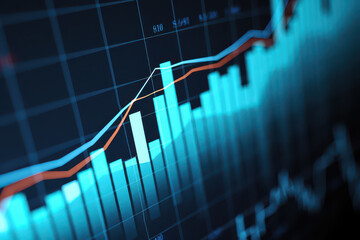 A close up view of a financial chart with bar graphs and line graphs in shades of blue and orange