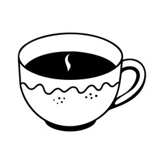 Black and white line art drawing of coffee or tea cup icon vector