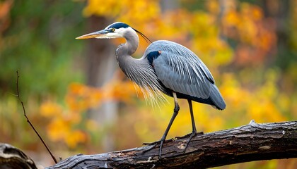 Elegant great blue heron perched on a weathered branch amidst autumn foliage serenity