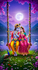 Radha Krishna Swing Under Moonlight – Divine Hindu Art with Peacock, Swan, and Scenic Nature –...