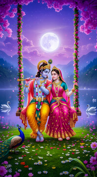 Radha Krishna Swing Under Moonlight &ndash; Divine Hindu Art with Peacock, Swan, and Scenic Nature &ndash; Spiritual Indian Poster for Wall, Print, or Digital Use