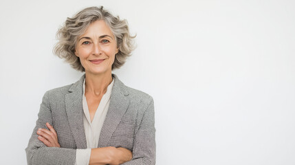 Attractive older female portrait confident mature woman gray hair blazer