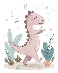 Naklejka premium A smiling dinosaur walks through pastel leaves. Cartoon character enjoys music in a calm forest scene. Adorable prehistoric animal in a fun, childhood setting.