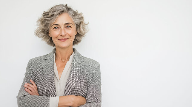 Attractive older female portrait confident mature woman gray hair blazer