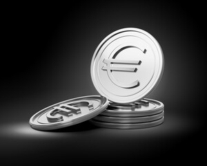 3d Stack Of Silver European Euro Coins Shiny Rounded Coins Stack On dark Background 3d Illustration