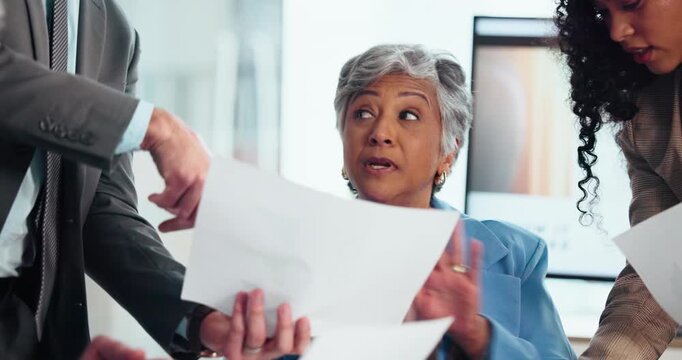 Documents, stress and phone call with business woman in office for frustration or multitask. Busy, chaos and enough with mature manager in workplace, overwhelmed by juggling job responsibilities