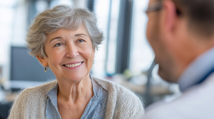 Smiling Attractive Older Female Talking with Doctor During Appointment