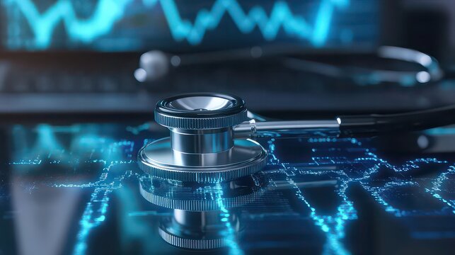 A stethoscope resting on a reflective surface with a blue digital waveform in the background display