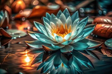 Close up of a serene blue water lily with vibrant orange center reflecting in water