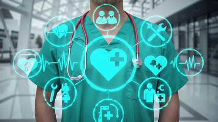 Doctor In Green Scrubs with Red Stethoscope Featuring Medical Icons Overlayed in a Bright Hospital Environment Showing Modern Healthcare Solutions - Powered by Adobe