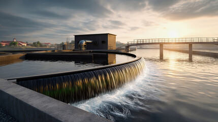 Obraz premium Dynamic perspective of modern water treatment facility with natural landscape and sunset reflections