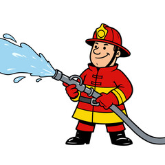 Cartoon fireman holds a hose spraying water He wears a red and yellow uniform