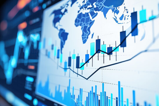 A close up of a world map with stock market charts and graphs displayed on a computer screen