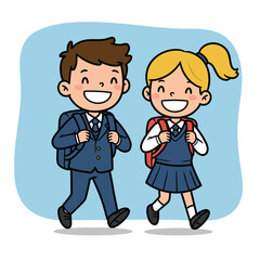 Two cartoon students boy and girl wearing school uniforms and backpacks walk sidebyside smiling
