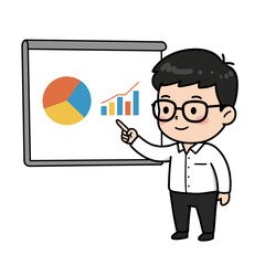 A cartoon man in glasses presents data using a flip chart with a pie chart and bar graph