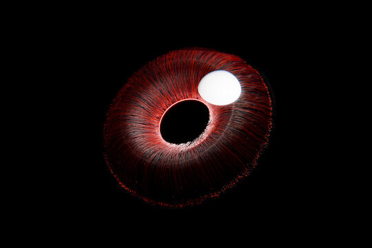 Abstract 3D rendering of eye with red particles on black background