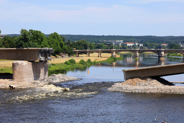 Demolition of Carolabr�cke bridge over river in Dresden Saxony Germany