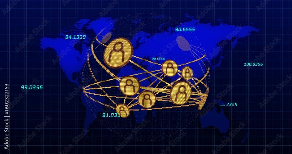 Poster starting grid map showing golden icons linking across rotating sphere displaying network metrics